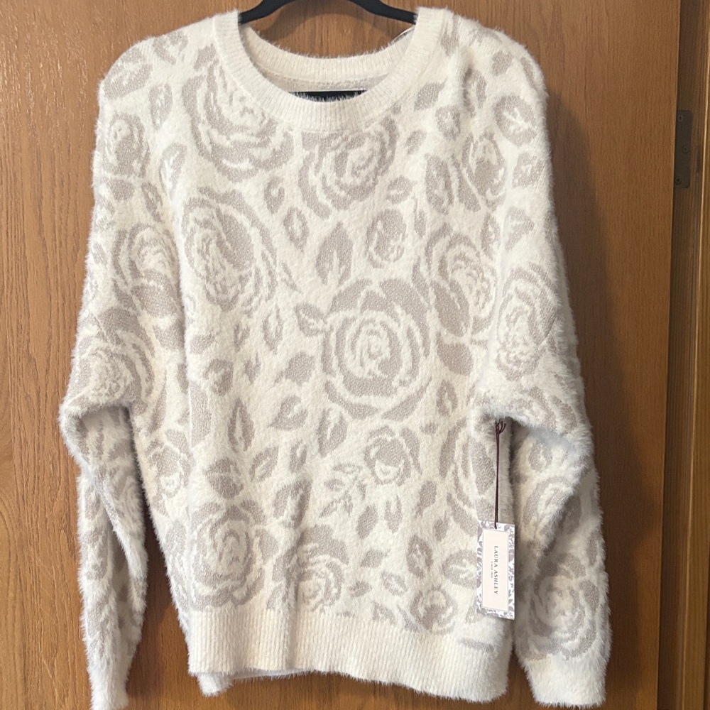 Laura Ashley Cream and Gray Floral Sweater